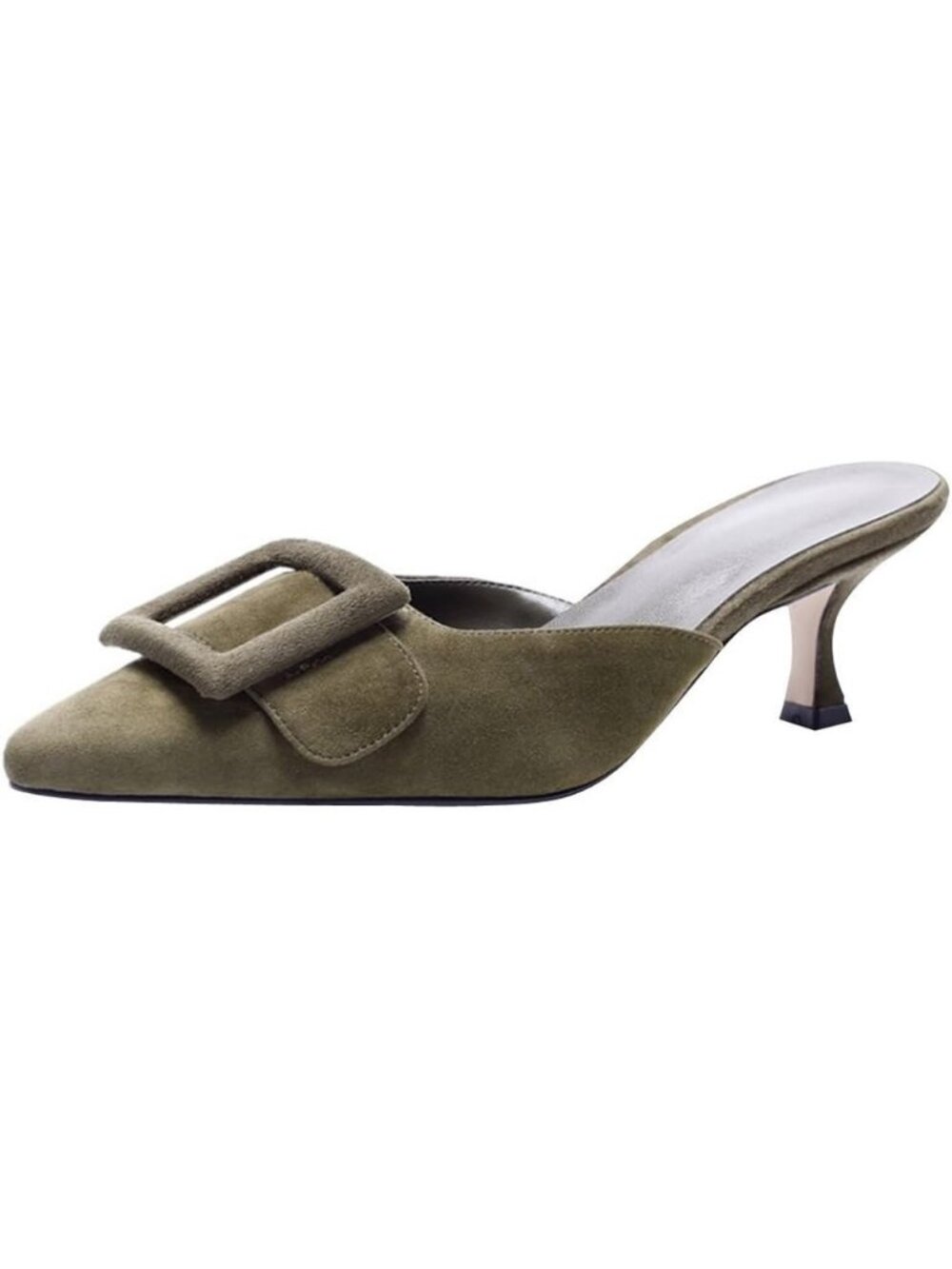 Women's Dark Green Suede Pointed Toe Backless Kitten Heel Mules